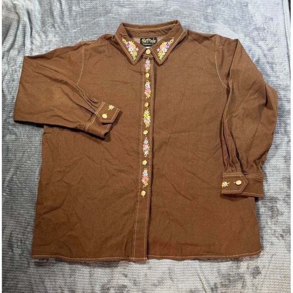 Bob Mackie Wearable Art Brown Floral Embroidered Button Down Shirt 2X Plus Size